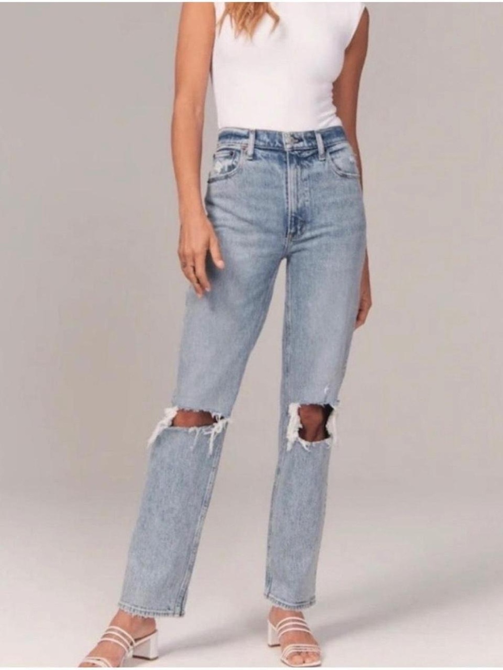 Abercrombie & Fitch Light Blue High-Rise Distressed Straight Jeans
